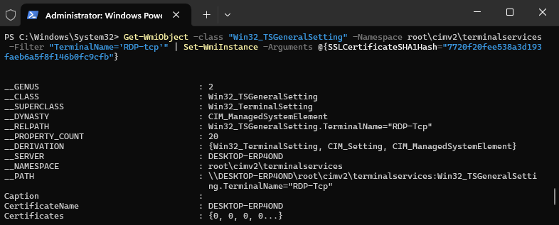 运行 powershell 命令以及步骤 3 中获取的指纹值的成功示例。