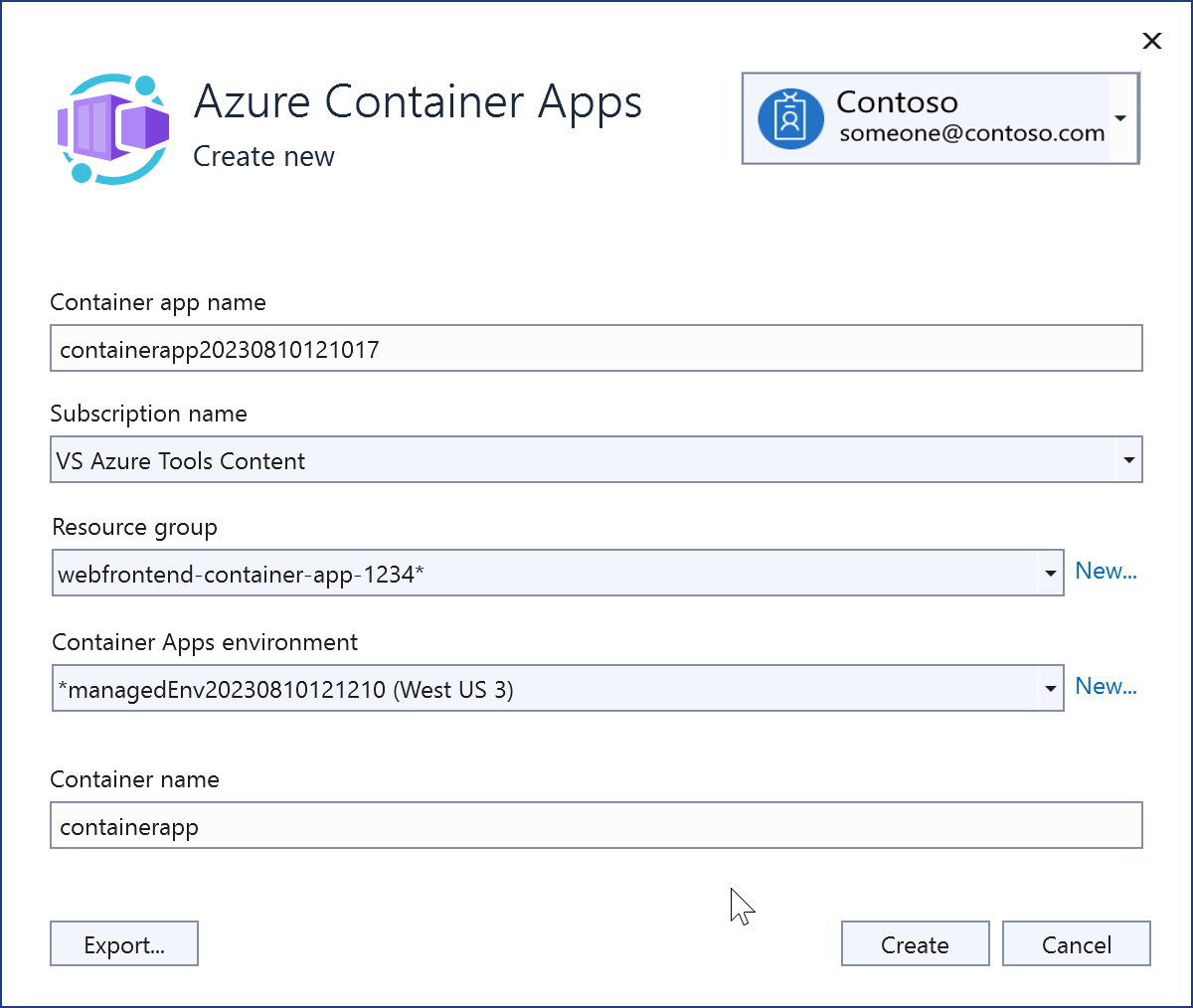 显示创建新的 Azure 容器应用实例的屏幕截图。