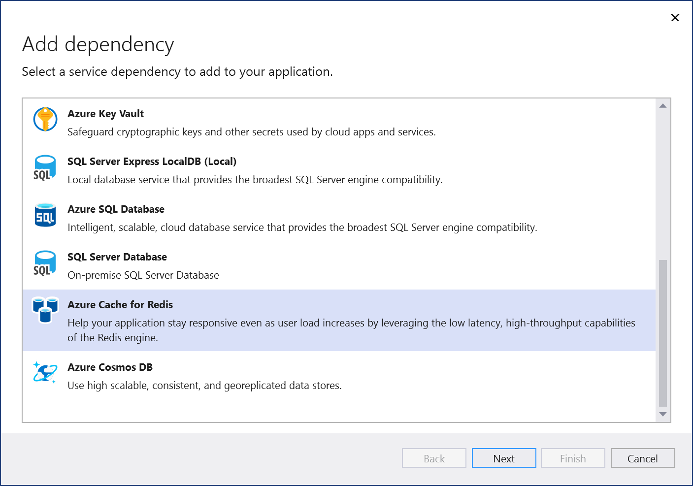 “添加依赖项”页的屏幕截图。已选择 Azure Redis 缓存。