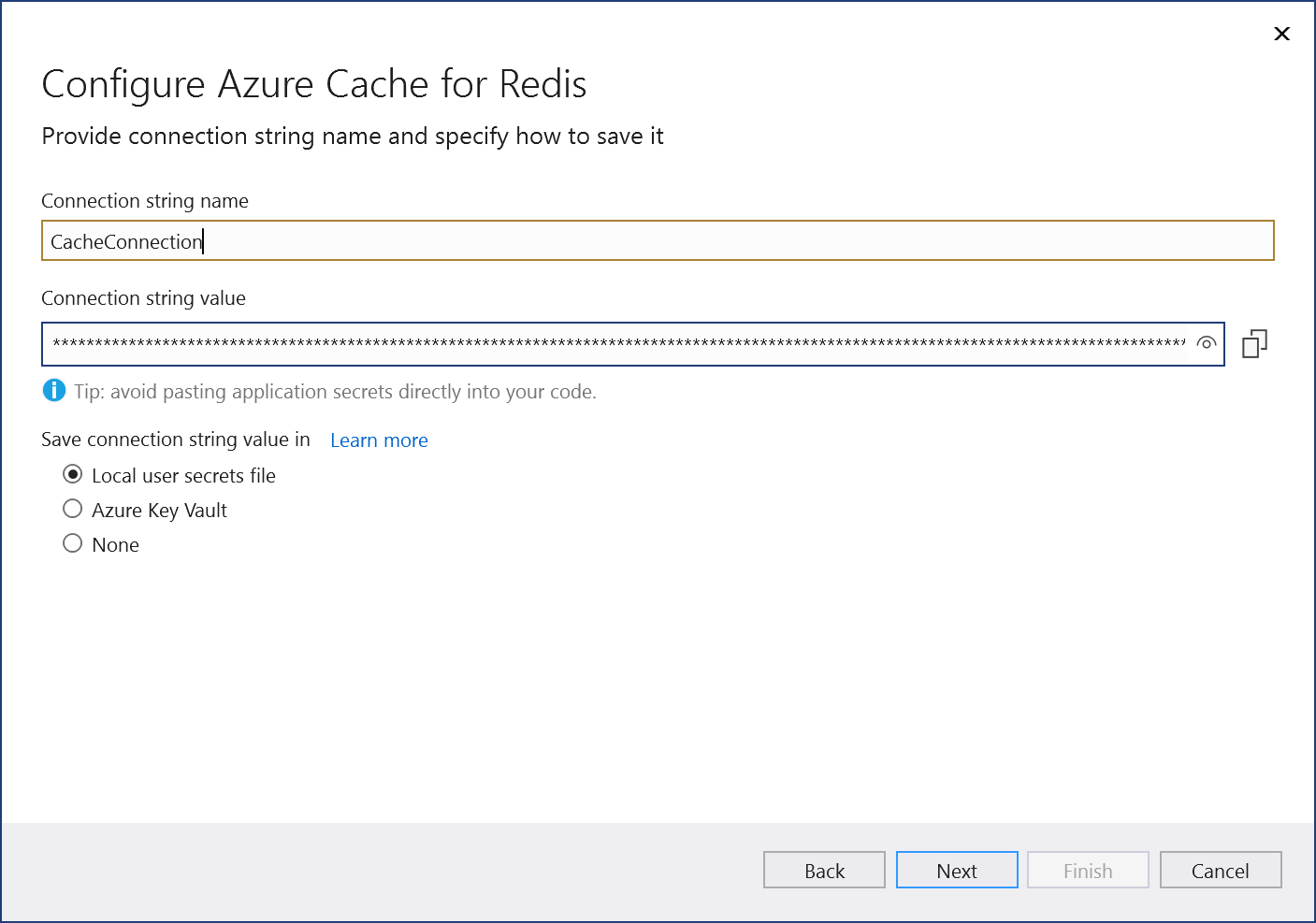 Azure Redis 缓存连接信息页的屏幕截图。高亮显示“下一步”。
