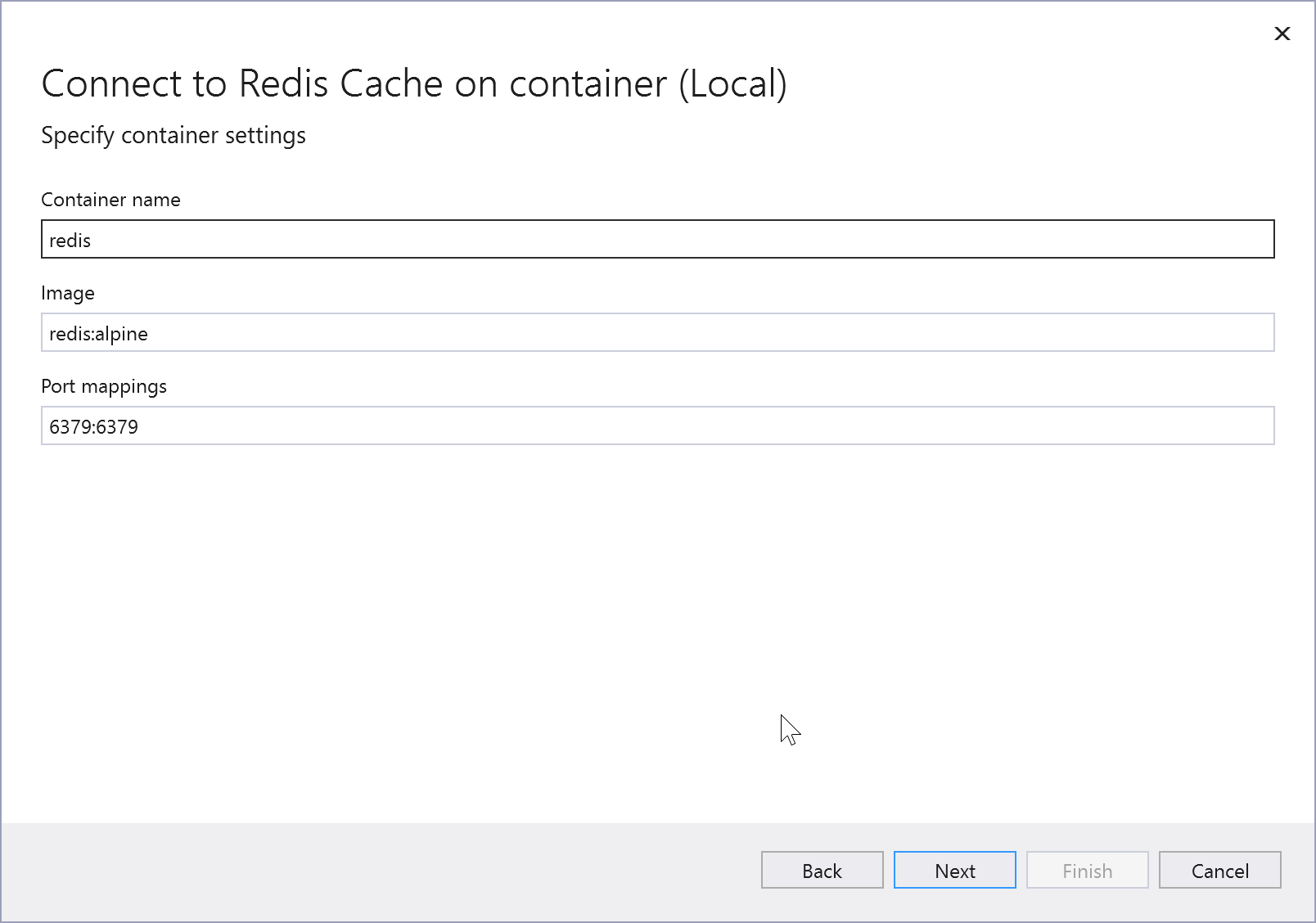 显示本地容器中 Azure Redis 缓存的连接选项的屏幕截图。