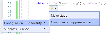 如何在 Visual Studio 2019 中通过灯泡菜单配置规则严重性的屏幕截图。