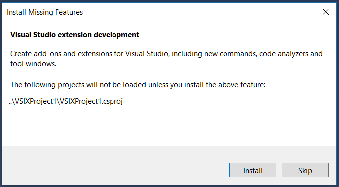 显示用于安装扩展开发工作负荷的 Visual Studio 对话框的屏幕截图。