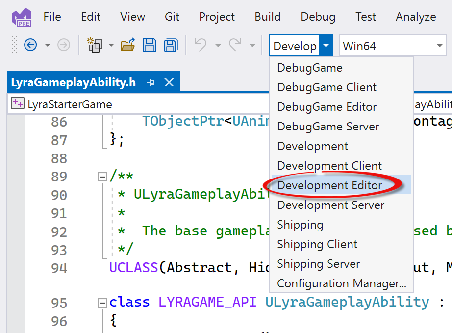 Visual Studio 的屏幕截图，其中展开了“解决方案配置”下拉列表，并选择了“开发编辑器”。