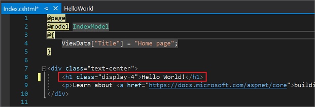 屏幕截图显示了 Visual Studio 代码编辑器中索引点 c s h t m l 文件，其中欢迎文本已更改为 Hello World！。