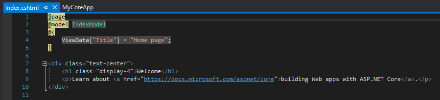 屏幕截图显示在 Visual Studio 代码编辑器中打开的 Index.cshmtl 文件。