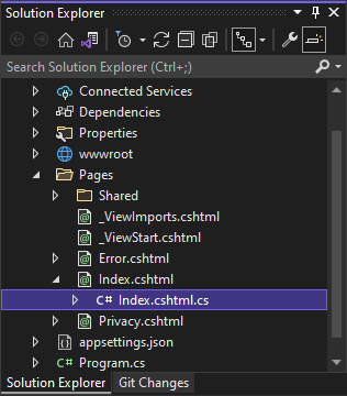 屏幕截图显示 Visual Studio 解决方案资源管理器中选择的 Index.cshtml 文件。