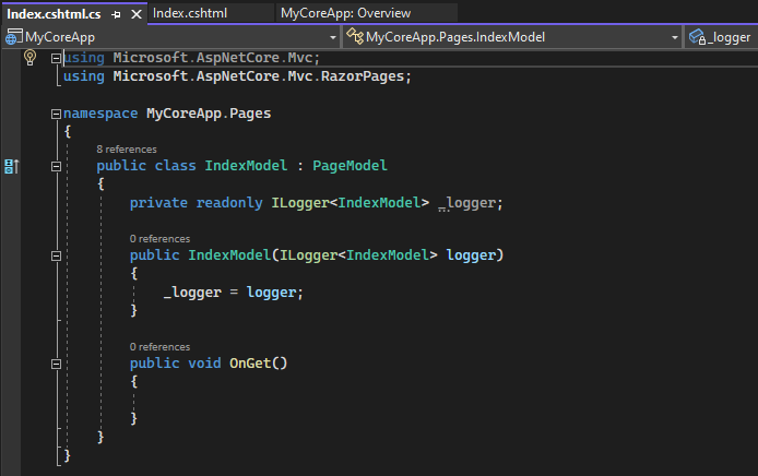 屏幕截图显示 Visual Studio Code 编辑器中打开的Index.cshtml.cs文件。