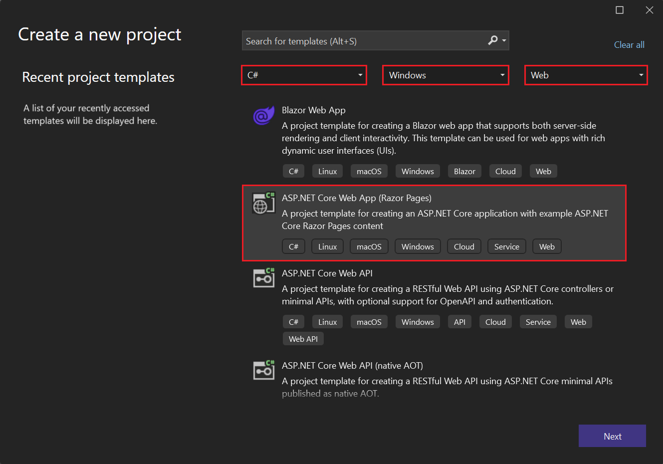 屏幕截图，其中显示了在“创建新项目”页上选中并突出显示 ASP.NET 核心 Web 应用项目模板。