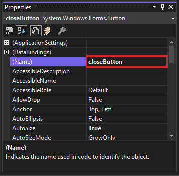 屏幕截图显示具有 closeButton 名称的“属性”窗口。
