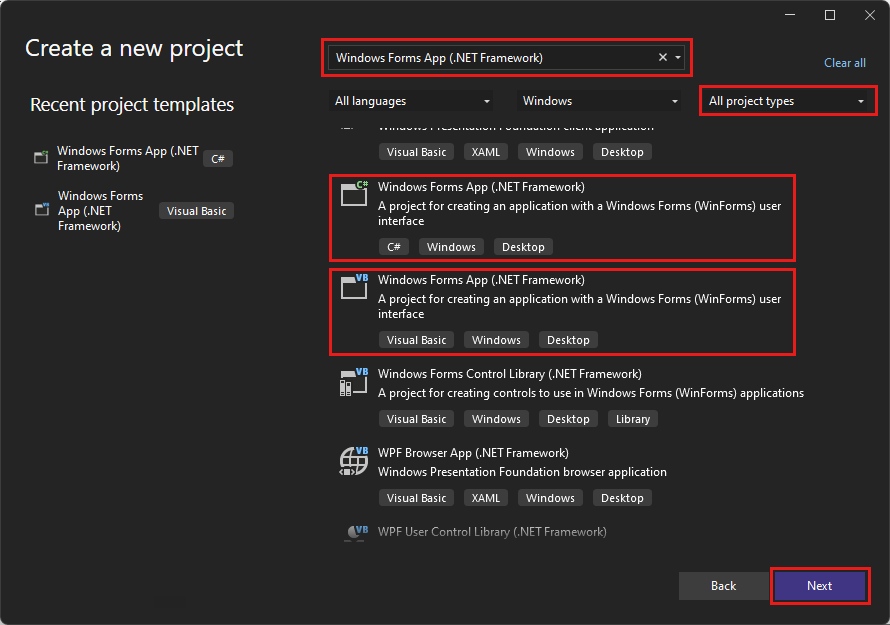 屏幕截图显示了“创建新项目”对话框，其中输入了 Windows 窗体和 Windows 窗体应用的选项。