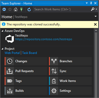 Visual Studio 2019 版本 16.7 及更早版本中团队资源管理器窗口的屏幕截图，克隆完成后。
