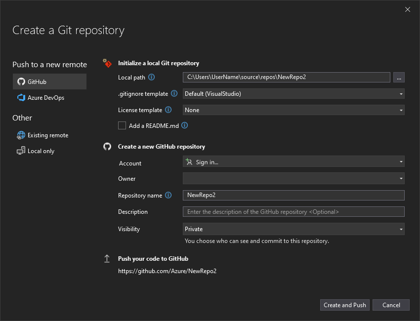 “创建 Git 存储库”对话框窗口的屏幕截图，可在其中登录 GitHub。