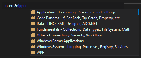 “插入代码段”窗口的屏幕截图，其中包含包含 Visual Basic 代码片段的类别文件夹列表。