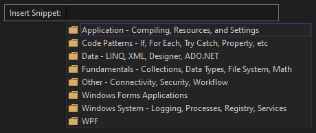 显示“插入代码段”窗口的屏幕截图，其中包含包含 Visual Basic 代码片段的类别文件夹列表。