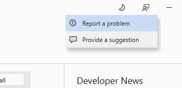 屏幕截图，显示 Visual Studio 安装程序右上角选择的反馈图标，并在上下文菜单中选择“报告问题”。