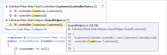 Visual Studio 2019 代码编辑器中 CodeLens 指示器的屏幕截图。