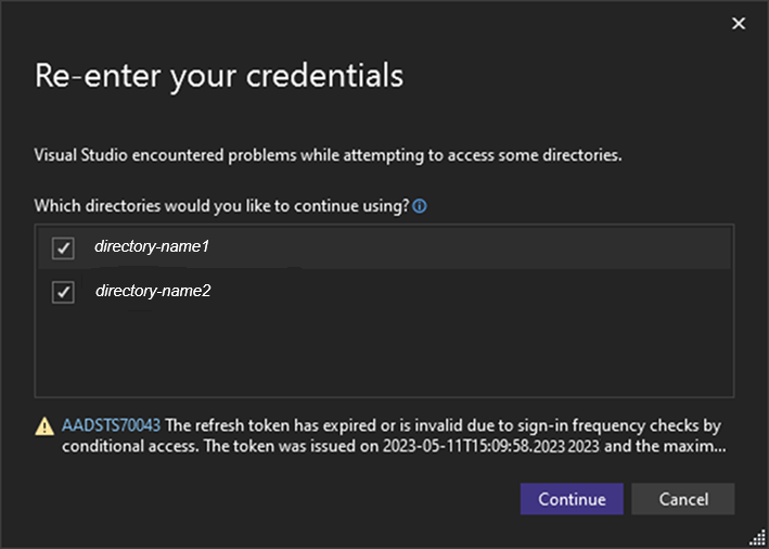 重新验证 Visual Studio 帐户。