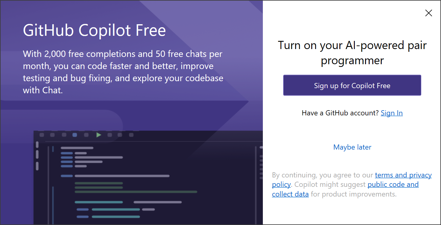 首次启动期间注册 Copilot Free 屏幕的屏幕截图。