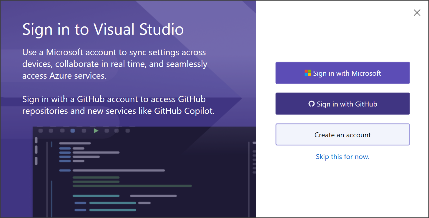 Visual Studio IDE 中首次启动登录对话框的屏幕截图。