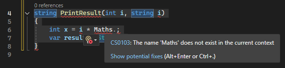 屏幕截图显示 Visual Studio 中快速操作的可能的修复和错误灯泡图标。