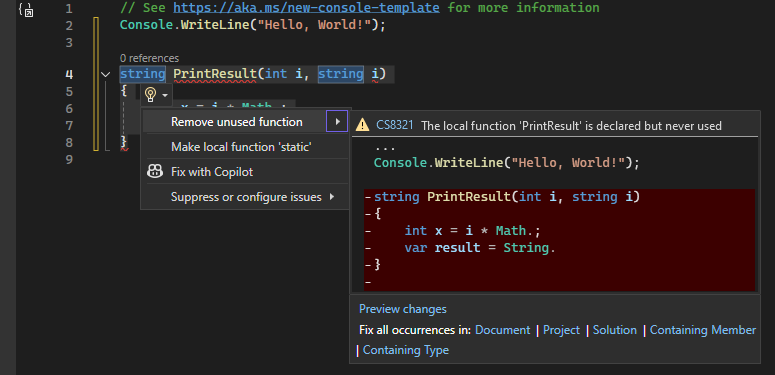显示 Visual Studio 中灯泡图标表示的快速操作建议详细信息的屏幕截图。