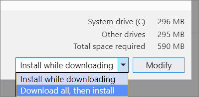Visual Studio 安装程序中下载和安装选项的屏幕截图。