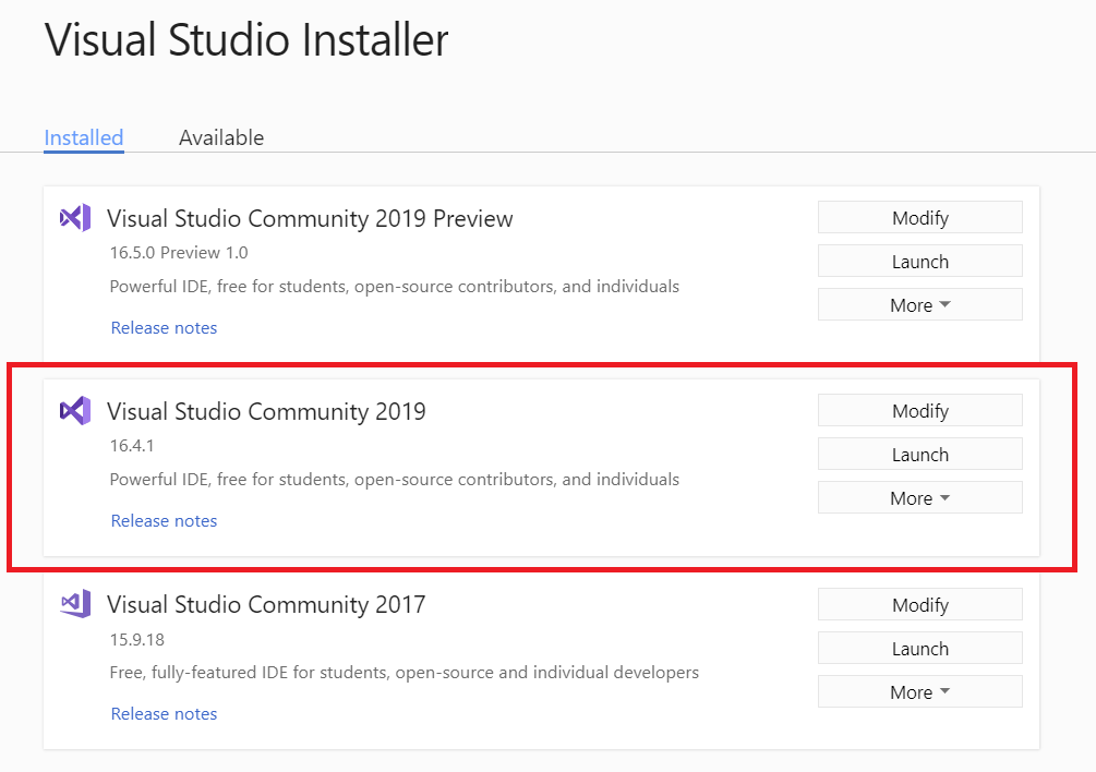 Visual Studio 安装程序中 Visual Studio 安装列表的屏幕截图。