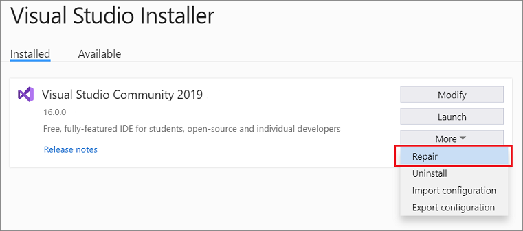 显示 Visual Studio 安装程序的“更多”下拉菜单中的“修复”选项的屏幕截图。