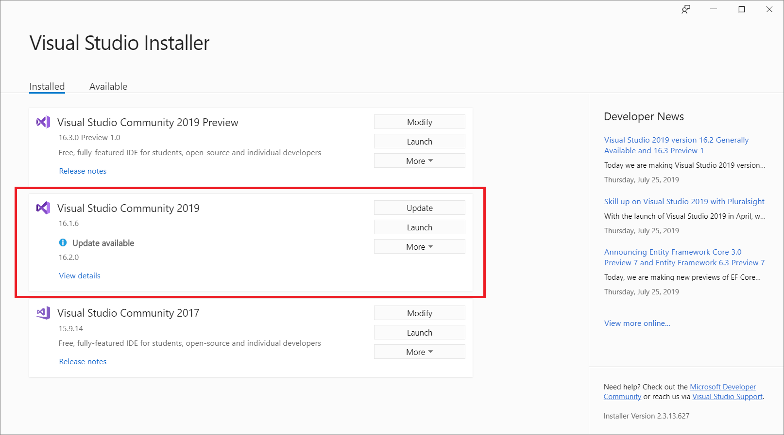 显示带有可用更新的 Visual Studio 2019 安装的屏幕截图。