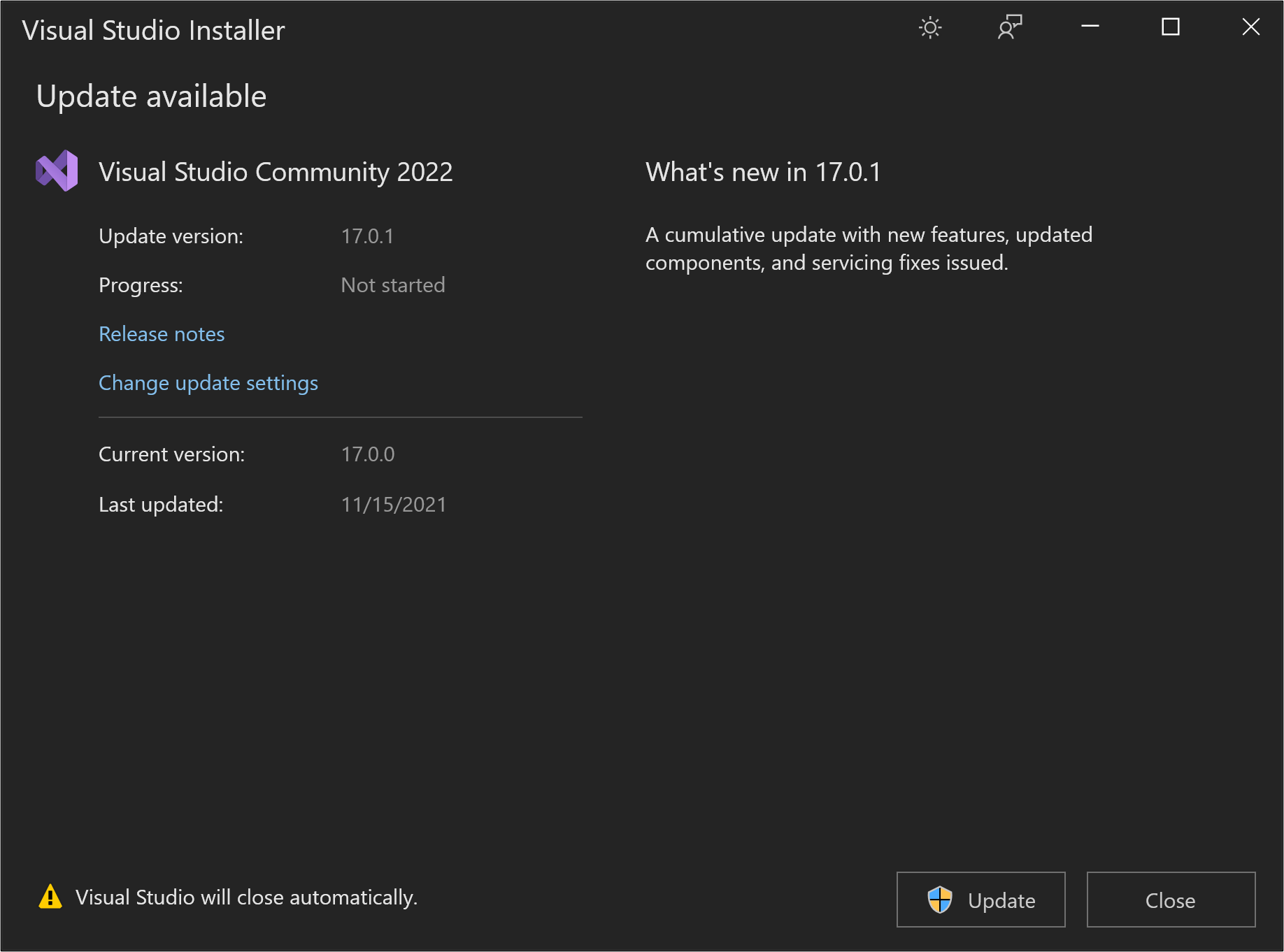 显示 Visual Studio 2022 中“可用更新”对话框中的“更新”按钮的屏幕截图。