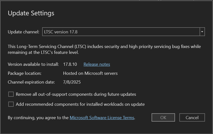 显示 Visual Studio 2022 IDE 中的“更新设置”对话框的屏幕截图。