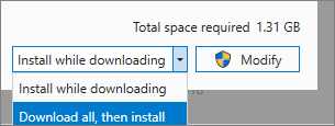 Visual Studio 安装程序中下载和安装选项的屏幕截图。