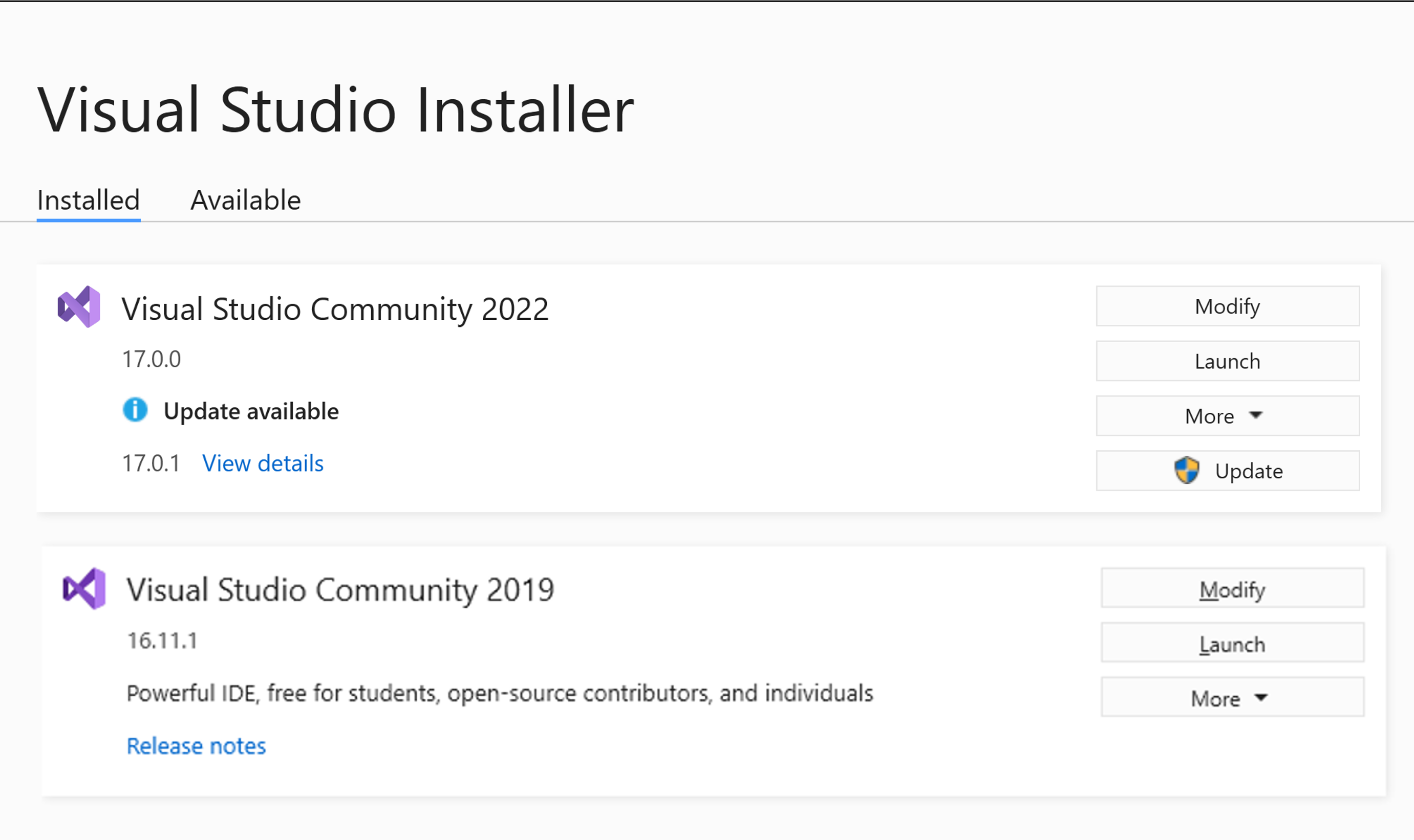 Visual Studio 安装程序中 Visual Studio 安装列表的屏幕截图。