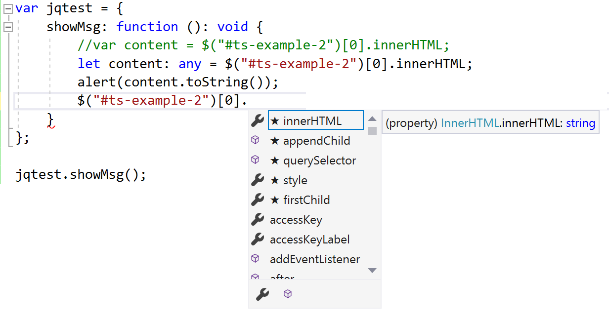 显示 J 查询示例的 Intellisense 结果的屏幕截图。