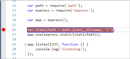 屏幕截图，显示在 server.js 中为 staticPath 声明设置的断点。