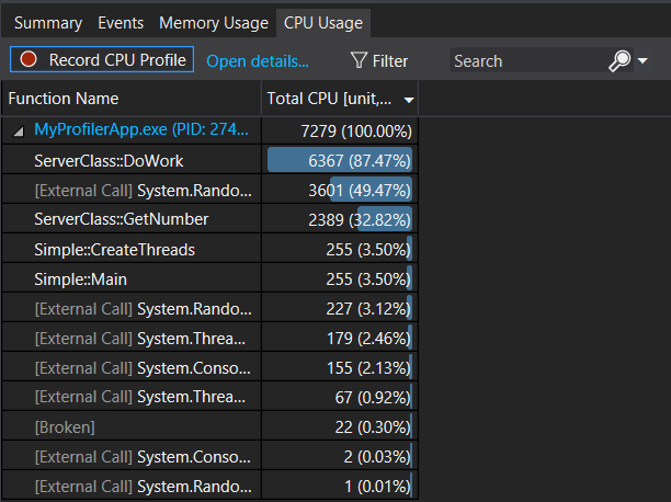 屏幕截图显示诊断工具的“CPU 使用率”下的“函数列表”。
