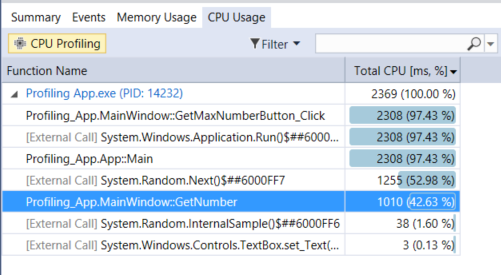 诊断工具 CPU 使用率视图