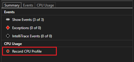 显示诊断工具启用 CPU 分析的屏幕截图。