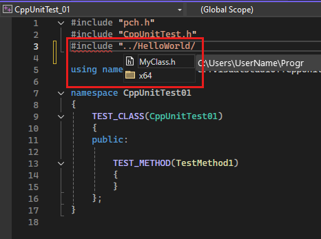 屏幕截图显示了 Visual Studio 2022 中的解决方案资源管理器，并显示了一个 #include 语句，其中 IntelliSense 突出显示了一个头文件。