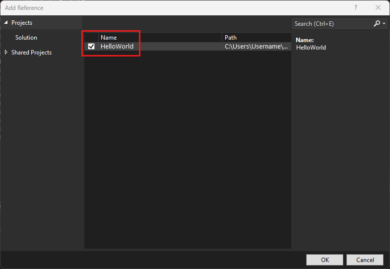 屏幕截图显示了 Visual Studio 2022 中的“添加引用”对话框。