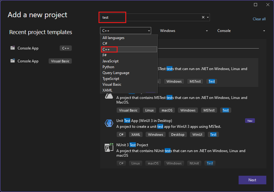 屏幕截图显示的是在 Visual Studio 2022 中选择 C++ 的“添加新项目”窗口。