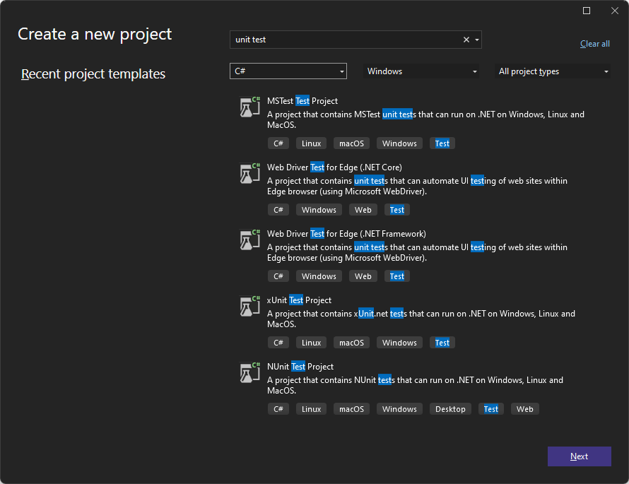 Visual Studio 2022 中测试项目模板的屏幕截图。
