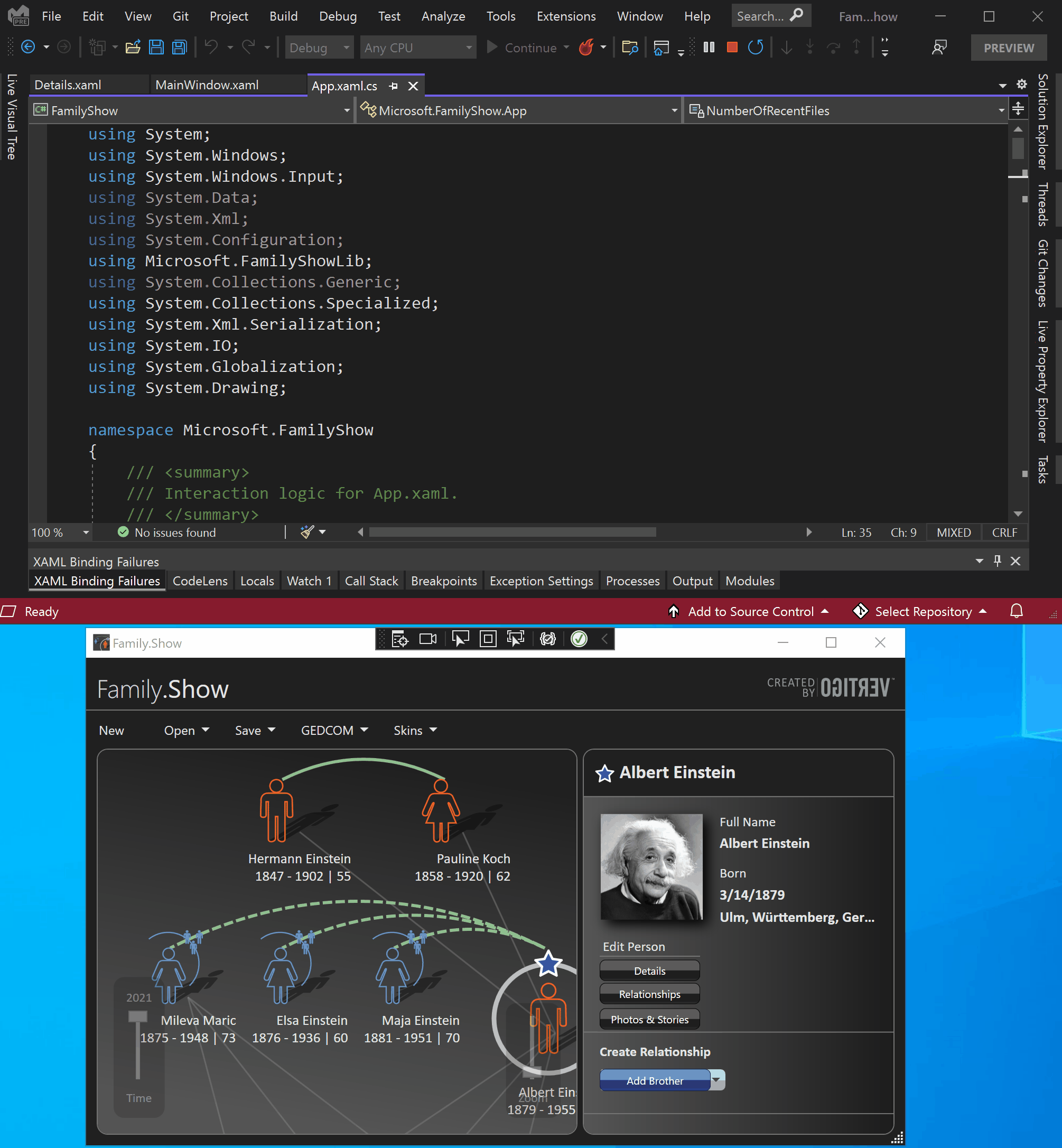 实时可视化树打开源代码并使用 XAML 热重载更改 UI 元素的动画。